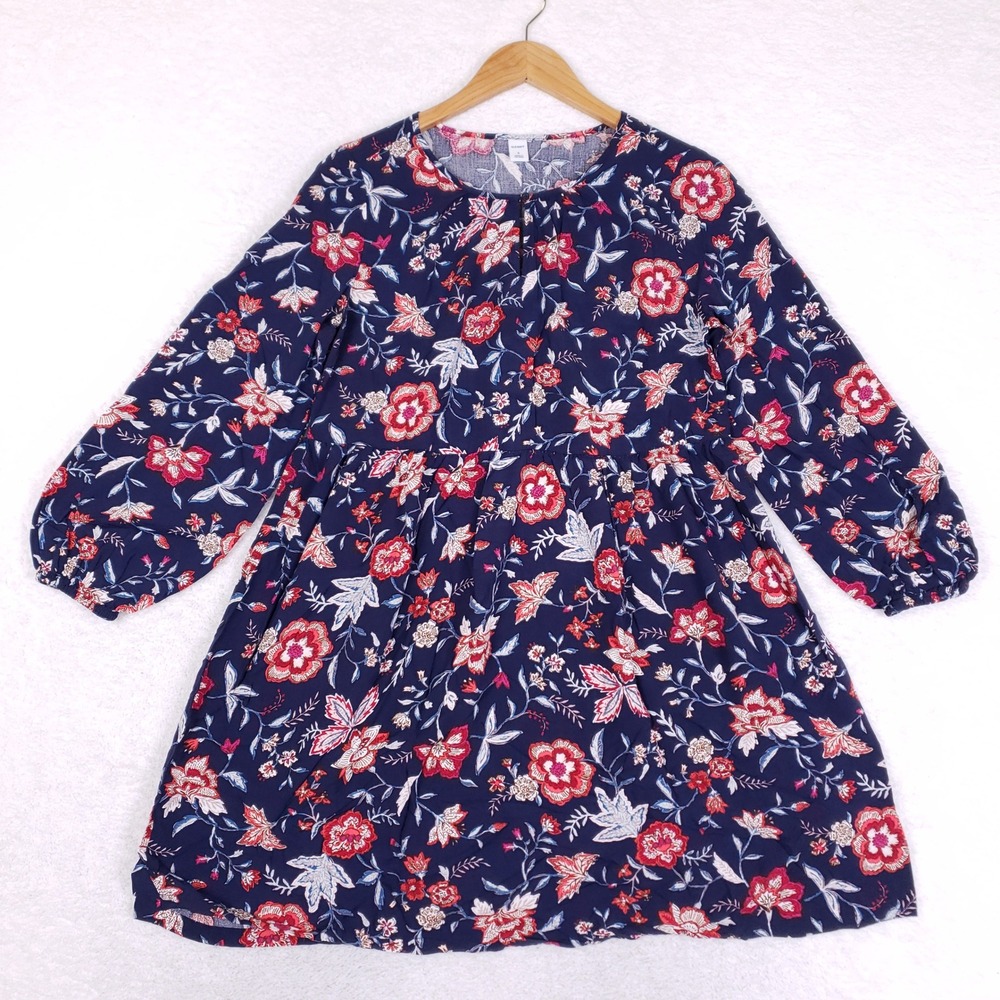 Old Navy Floral Babydoll Dress Womens Small Rayon Balloon Sleeve Boho Navy Red